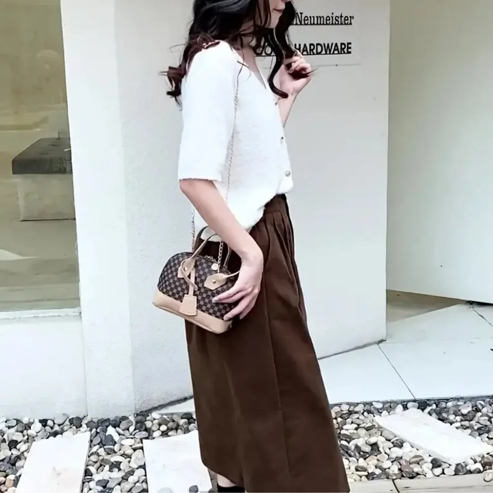 Small Dome Satchel Brown Patterned Bag w/Tone Trim & Gold Crossbody Chain Strap - Picture 3 of 6